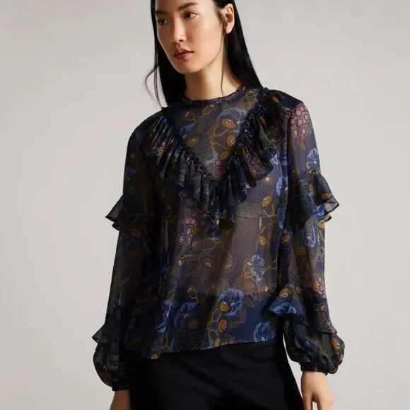 🐢 Ted Baker Juvena Floral Printed waterfall ruffle long sleeve top.Size 1.
